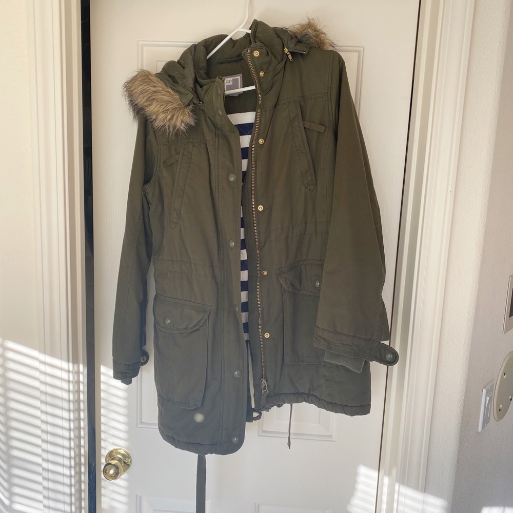 JCP Women's Olive Green Parka with Faux Fur Hood